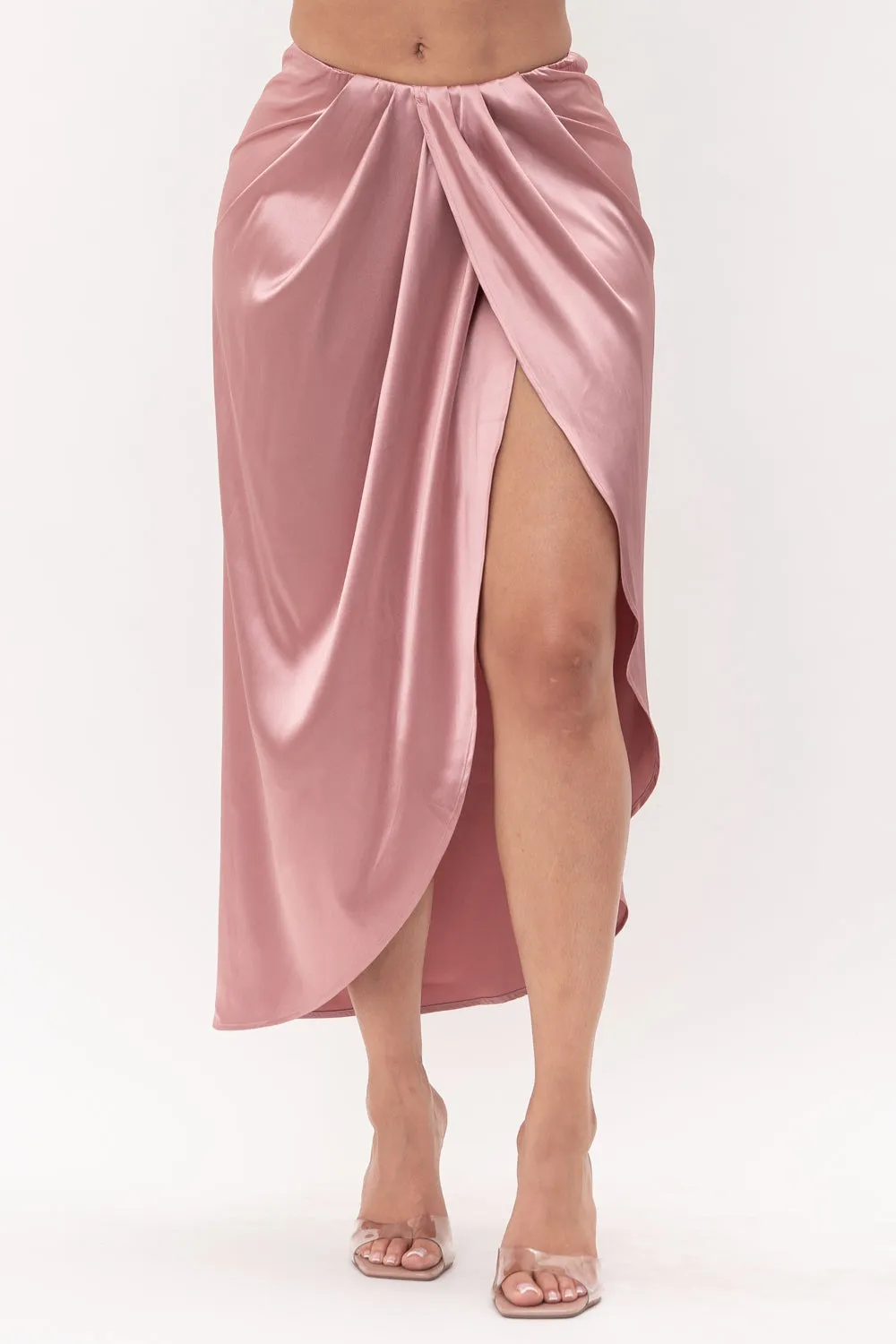 Mauve Satin Open Front Ruched Wrap Flare Maxi Skirt