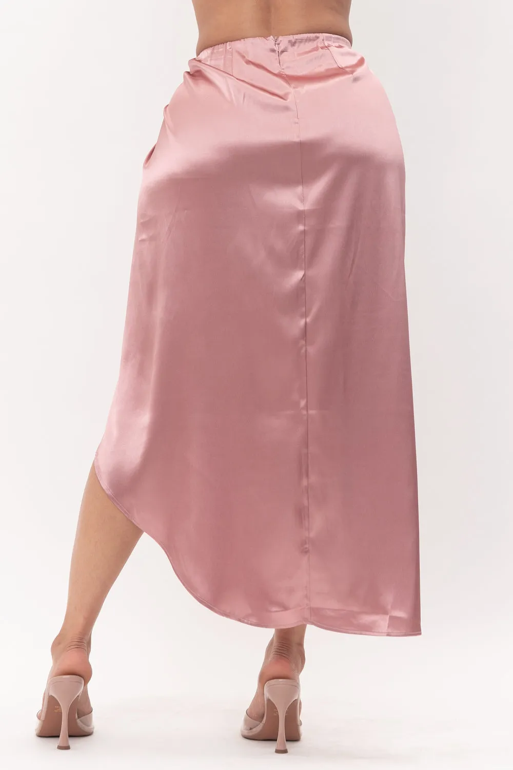Mauve Satin Open Front Ruched Wrap Flare Maxi Skirt