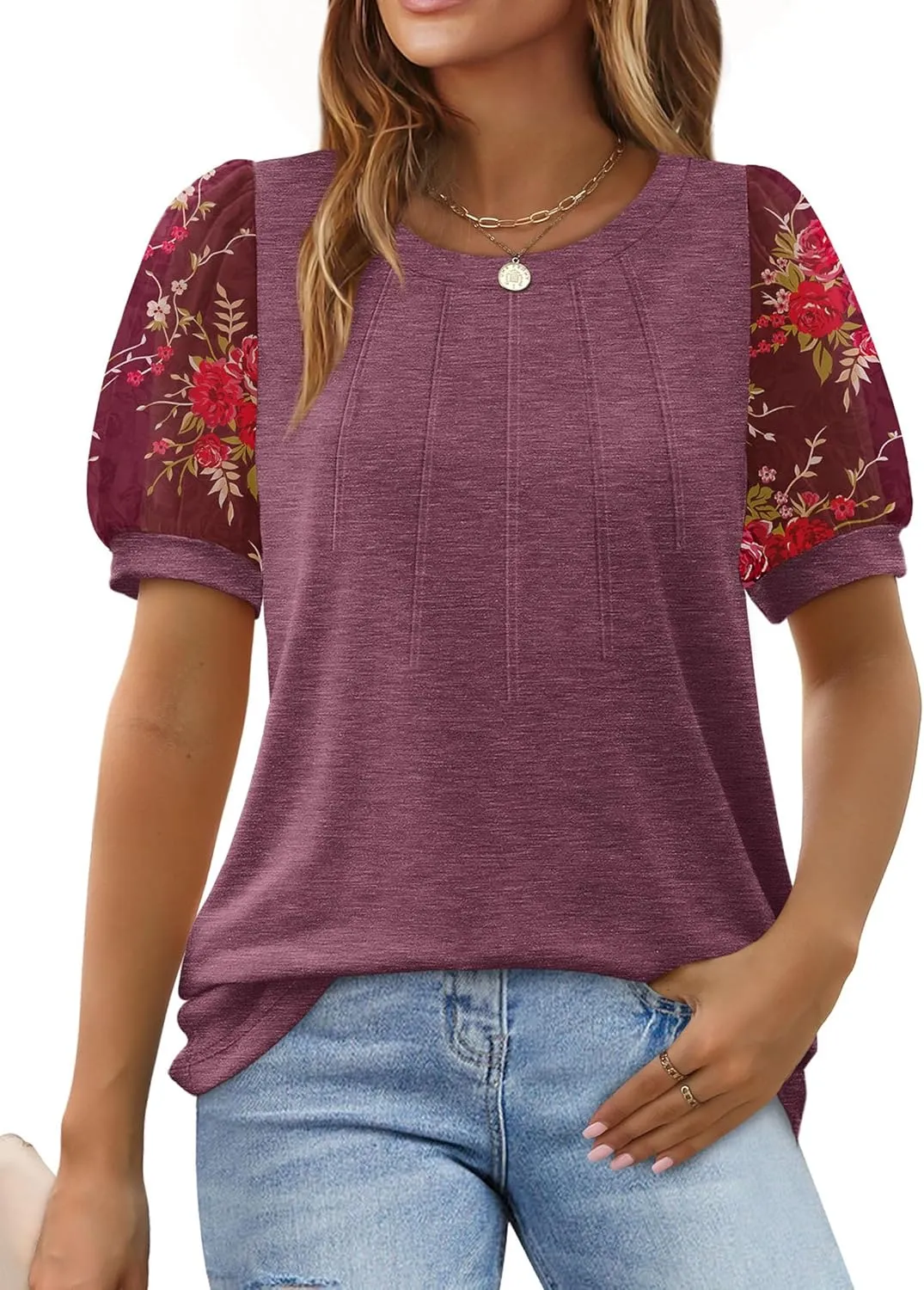 OFEEFAN Womens Summer Tops Pleated Swiss Dot Puff Sleeve Crew Neck T Shirts Loose Casual S-3XL