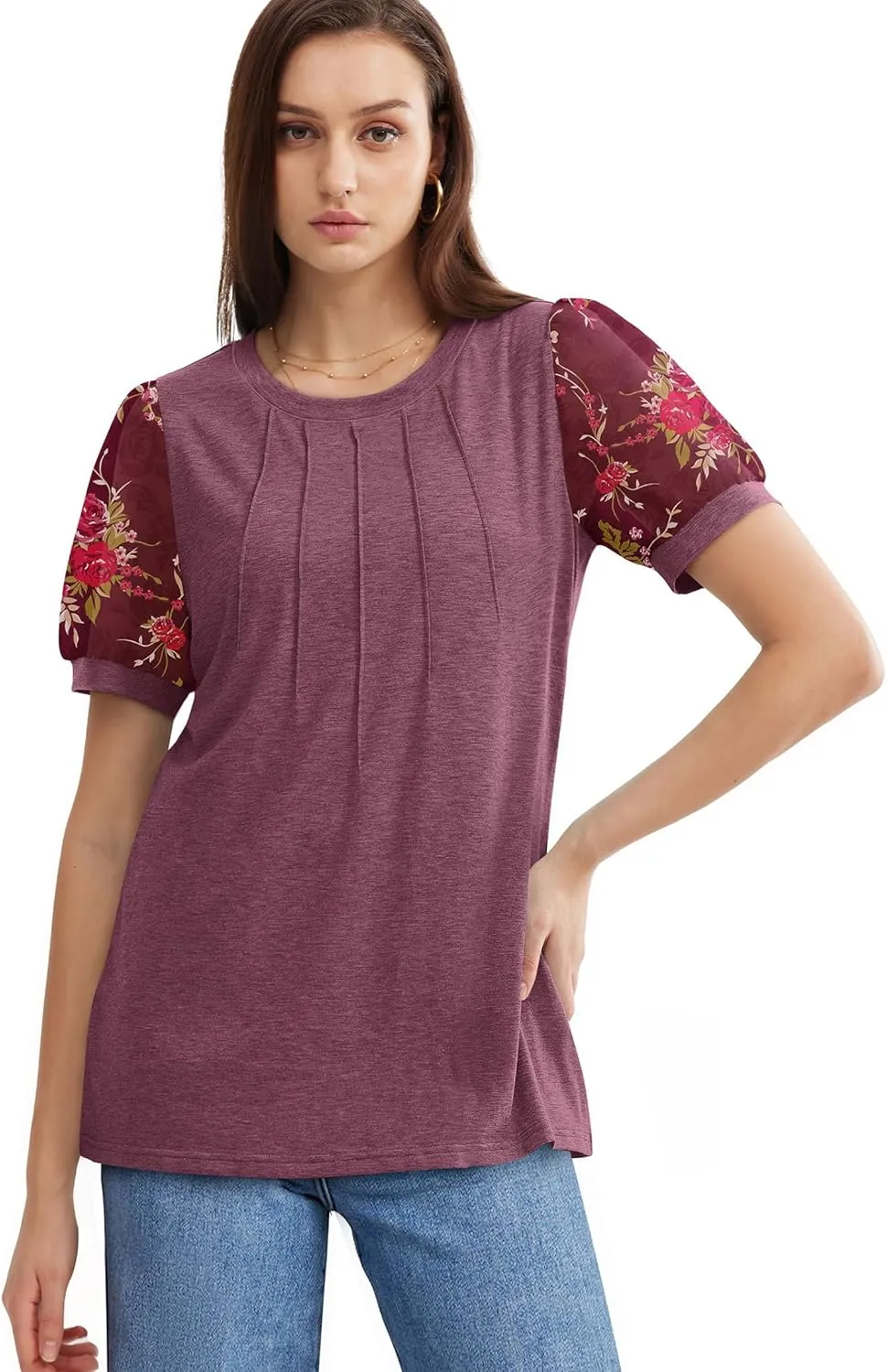 OFEEFAN Womens Summer Tops Pleated Swiss Dot Puff Sleeve Crew Neck T Shirts Loose Casual S-3XL