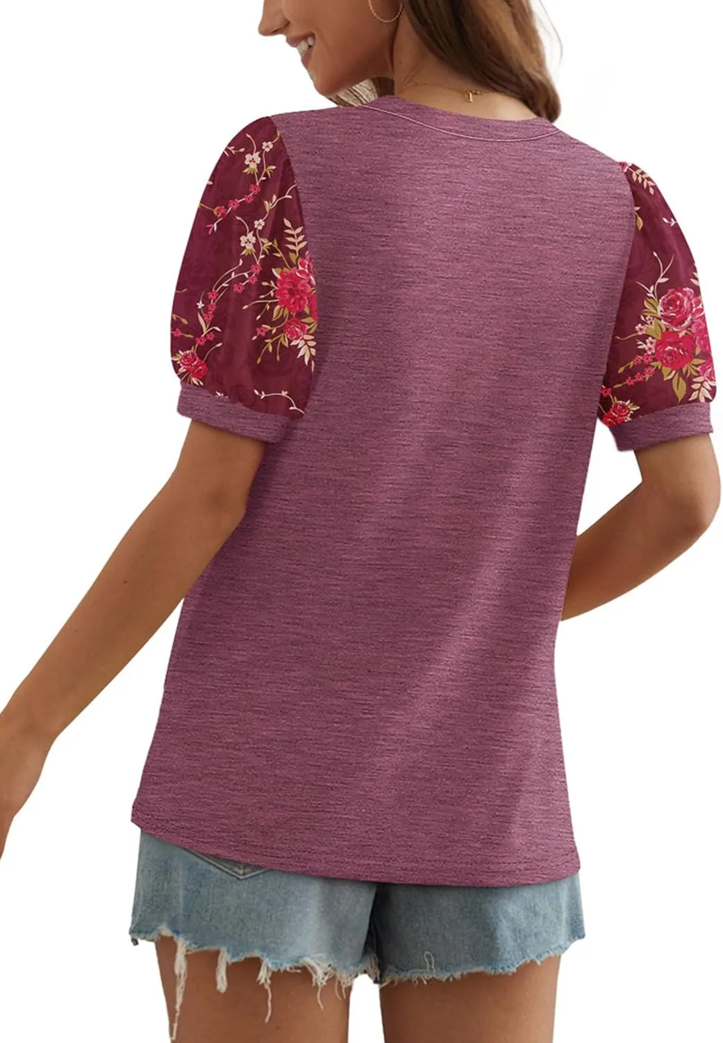 OFEEFAN Womens Summer Tops Pleated Swiss Dot Puff Sleeve Crew Neck T Shirts Loose Casual S-3XL