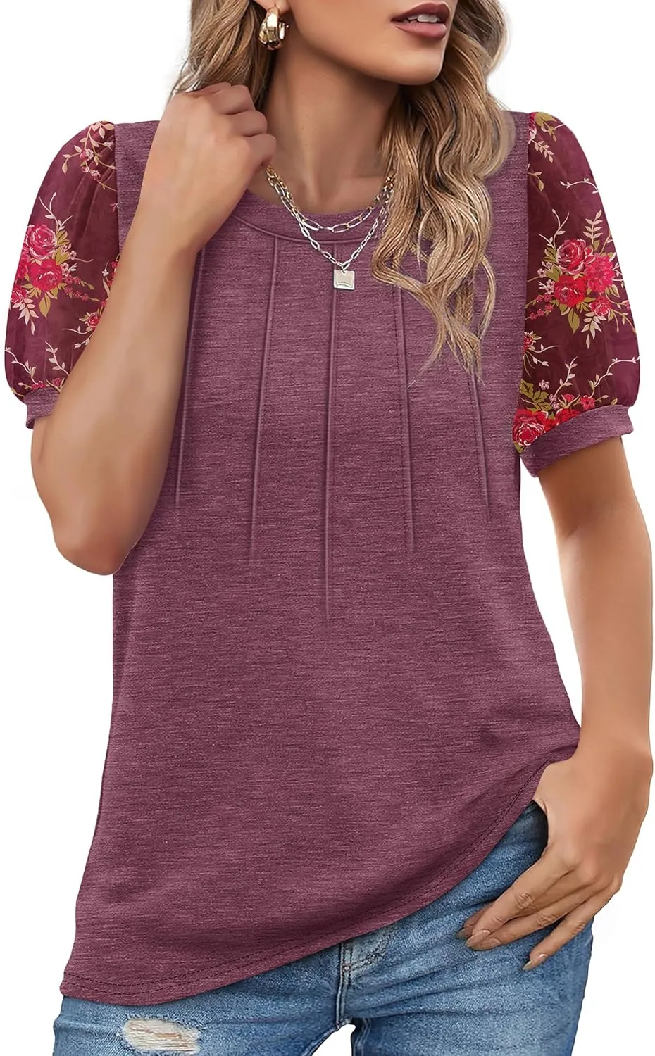 OFEEFAN Womens Summer Tops Pleated Swiss Dot Puff Sleeve Crew Neck T Shirts Loose Casual S-3XL