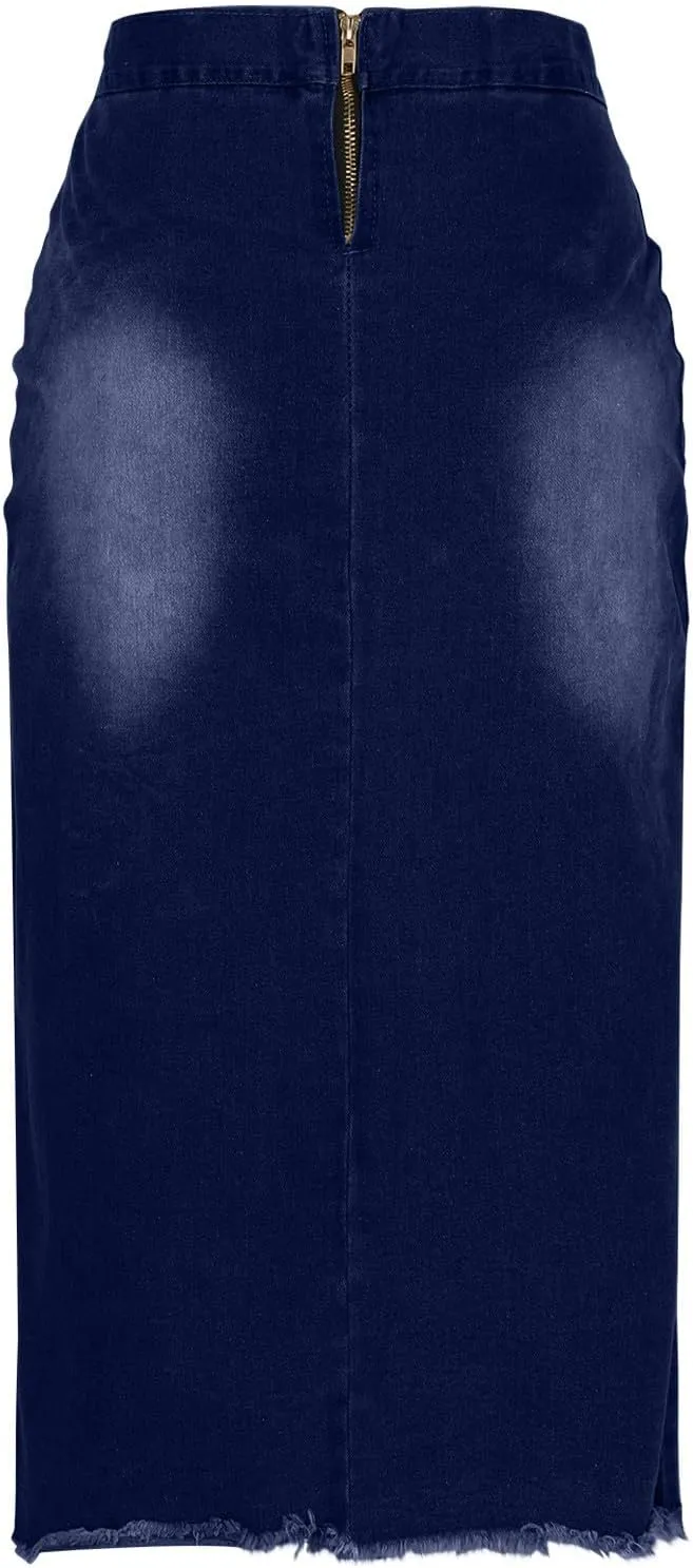 Womens Denim Midi Skirts Fashion Bandage Retro Ripped Hem Bodycon Pencil Skirts 2025 Summer Trendy