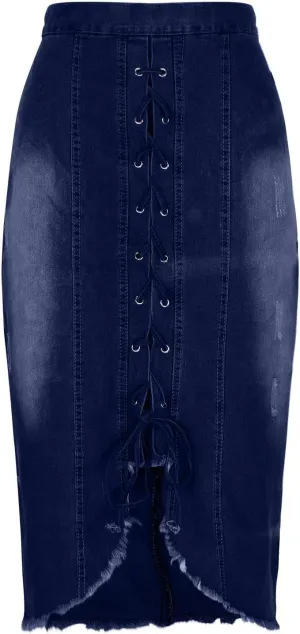 Womens Denim Midi Skirts Fashion Bandage Retro Ripped Hem Bodycon Pencil Skirts 2025 Summer Trendy
