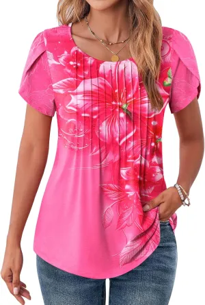 Zeagoo Womens Tops Petal Short Sleeve Summer Casual Crew Neck Shirts Floral Solid Blouse Pleated Tunics
